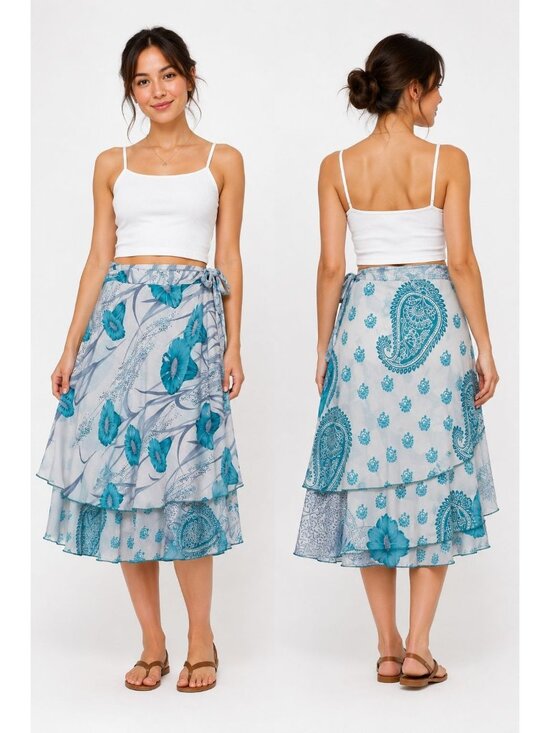Dresses & Skirts - Reversible Silk Magic Wrap Skirt Teal Floral Paisley Boho Festival Beach OS